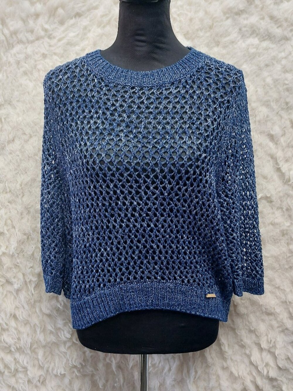 Michael Kors Womens Blue Open-knit Crewneck Pullover Sweater High-low Hem Three-